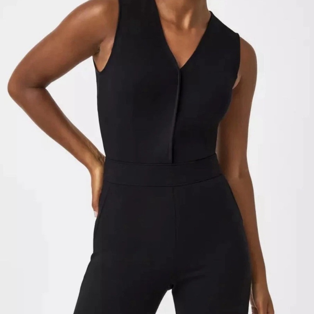 Spanx Classic Black Ponte Knit Perfect Sleeveless Flare Leg Jumpsuit sz 1X TALL